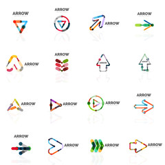 Set of linear arrow abstract logos, connected multicolored segments lines in directional pointer figures