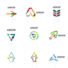 Set of linear arrow abstract logos, connected multicolored segments lines in directional pointer figures