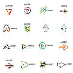 Set of linear arrow abstract logos, connected multicolored segments lines in directional pointer figures