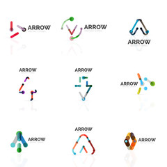 Set of linear arrow abstract logos, connected multicolored segments lines in directional pointer figures