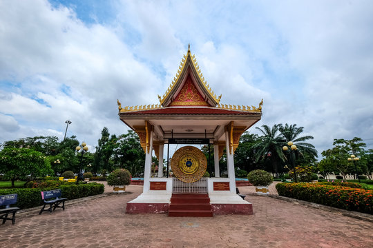 VIENTIANE, LAOS. World peace gong in Vientiane, the capital of Laos