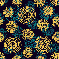 Seamless abstract pattern with hand- drawn circles, dark background with bright yellow round shapes, EPS 8