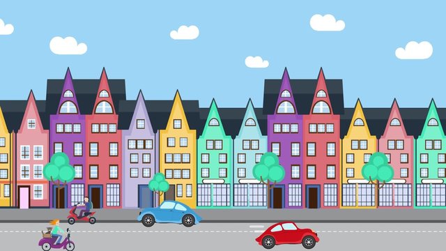 Cartoon houses are in the street, clouds float across the sky. Car riding on the road. Boy and girl with dog in the bascet riding the bike, scooter on the road. Town street. Summer city landscape