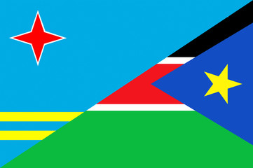 Waving flag of South Sudan and Aruba 
