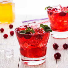 Cranberry cocktail with ice and mint.