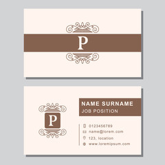 Business card template with abstract monogram design elements. Modern elegant emblem letter P. Creative modern graceful background. Vector illustration