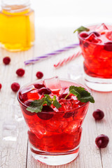 Cranberry cocktail with ice and mint.