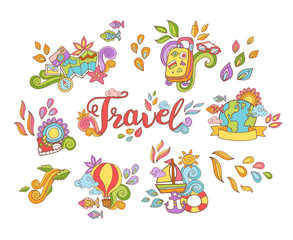 Doodle hand drawn sticker with travel