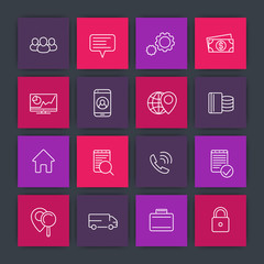 business, finance, commerce, enterprise line icons, assets, capital, finance analytics square icons set, vector illustration