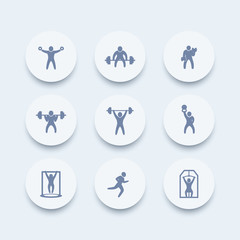 Gym, fitness exercises round icons, gym training, workout icon, fitness exercises pictograms, vector illustration