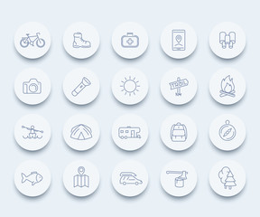 Hiking, camping, trekking, outdoor line icons, hiking boot, flashlight, tent, map icon, vector illustration