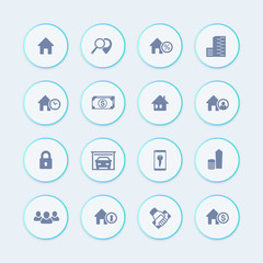 Fototapeta premium Real estate icons, house sale, apartments, search, homes for rent, real estate pictograms, round icons, vector illustration