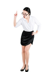 Full body business woman yelling at someone. Isolated white background