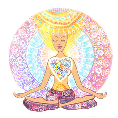 Woman practicing yoga. Hand drawn woman sitting in lotus pose of yoga on mandala background.