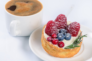 Still cake with fresh raspberries, blueberries and cranberries,