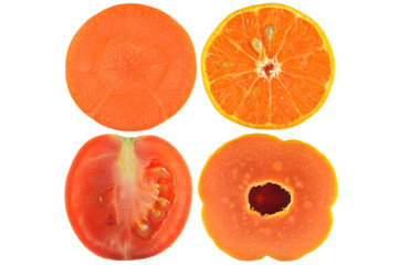 Halves of fruit and vegetable on white background