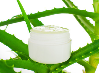 Aloe vera plant soap, hand cream, gel, green on a white background