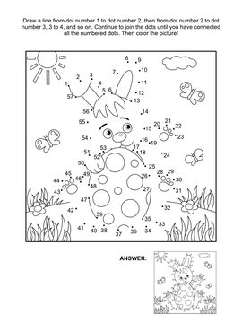 Easter themed connect the dots picture puzzle and coloring page with bunny and painted egg. Answer included.
