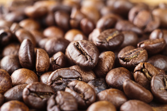 Roasted coffee bean arabica, close-up, selective focus, macro image