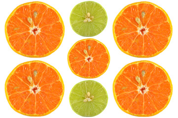 Halves of orange and lime on white background
