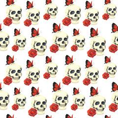 Pattern with skull, red rose and red butterfly on white background