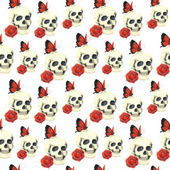 Obraz premium Pattern with skull, red rose and red butterfly on white background
