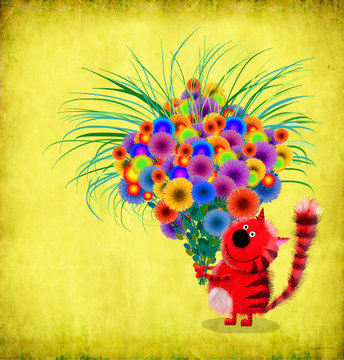 Red Striped Cat Caring Huge Bunch Of Flowers