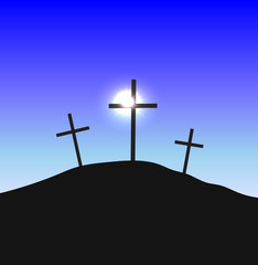 Three crosses standing on Golgotha