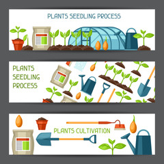 Banners with agriculture objects. Instruments for cultivation, plants seedling process, stage plant growth, fertilizers and greenhouse