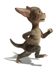 3D little fluffy tabby kitten runs like a man on white background