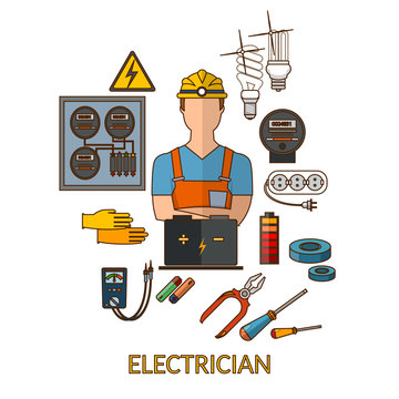 Professional electrician with electricity tools silhouette