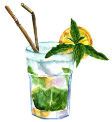 Watercolor mojito cocktail with mint, lemon, and drinking straws