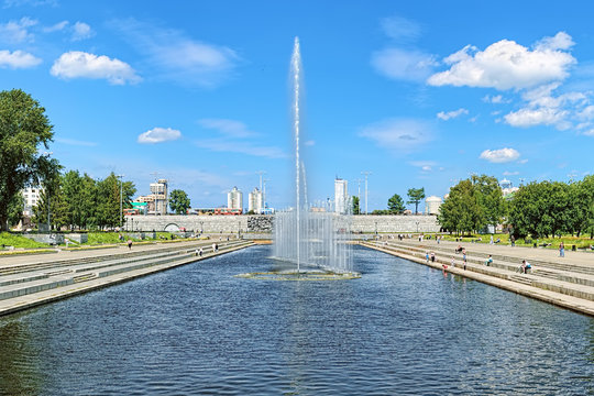 The Historical square of Yekaterinburg with fountains at the Dam of the city pond, Russia
