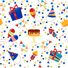 Happy Birthday Seamless Pattern with Cake, Balloons and Gift Boxes