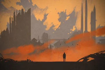 Tuinposter man standing at abandoned city,illustration painting © grandfailure