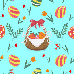 Happy Easter Seamless Pattern with Easter Eggs and Flowers