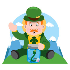A man with a snake in a glass jar. The festive character in cartoon style. Congratulations to the St. Patrick's Day.