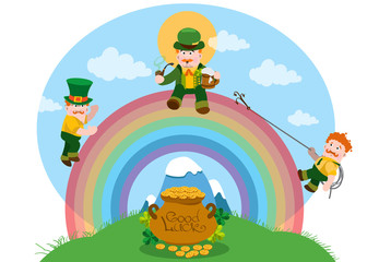 Obraz na płótnie Canvas Three men dressed in green on a rainbow. The festive character in cartoon style. Congratulations to the St. Patrick's Day.