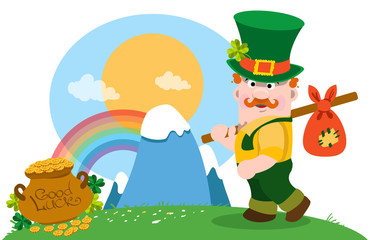 A man with a bundle on a stick and a pot of gold. The festive character in cartoon style. Congratulations to the St. Patrick's Day.