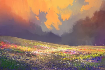 Fototapeten colorful flowers in field under beautiful clouds,landscape painting © grandfailure