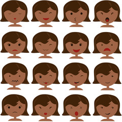 Emoticon icons set of cute girl with various emotions, emoji, facial, feeling, mood, personality, symbol African American, Asian, Indian