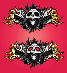 punk cyber human skull with pistols and fire flames background