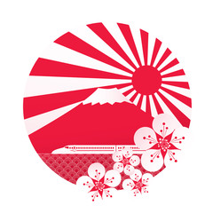 Vector illustration of sakura blossom with red sun, fuji mountain and train.