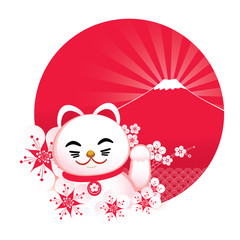 Vector illustration of sakura blossom with Japanese lucky cat and  fuji mountain.