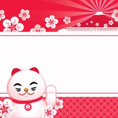 Vector illustration of sakura blossom with Japanese lucky cat and  fuji mountain.