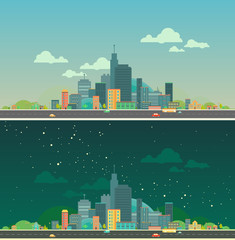 Urban landscape. Flat city. Day and night