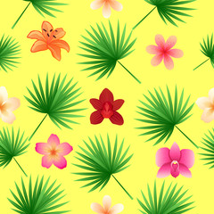 Tropical Flowers and Leaves Seamless Pattern