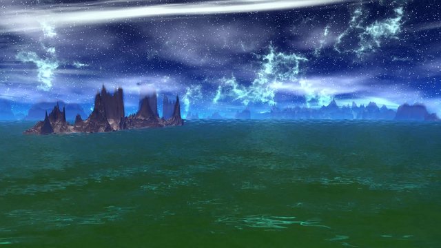 Rocks and  lake. Landscape of stranger planet. 4K