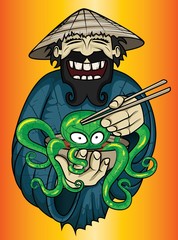 smiling asian guy serving exotic soup with octopus 