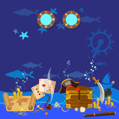 Underwater treasure pirate chest with gold